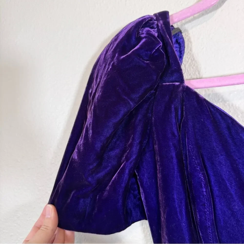 Vintage 80s Purple Velvet Puff Sleeve Mini Dress Womens 8 Fall Prom Formal Retro
